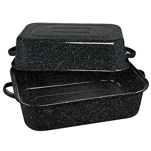 Granite Ware 21 in Oven Rectangular Roaster with lid. (Speckled Black) - Accommodates up to 25 lb poultry or roast. - CookCave