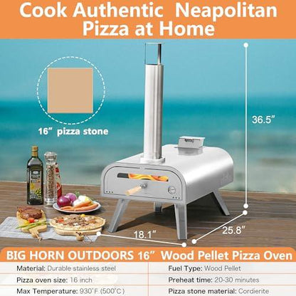 BIG HORN OVEN Pizza Wood Pellet Grill Outdoor Portable 16 inch Fired Pizza Maker with Pizza Stone & Built-in Thermometer ovens - CookCave