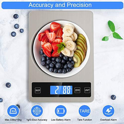 Zibet Food Scale,33lb/15kg Rechargeable Digital Kitchen Scale,1g/0.1oz Precise Graduation,Ounces and Grams for Weight Loss,Waterproof Stainless Steel and Tempered Glass Surface - CookCave