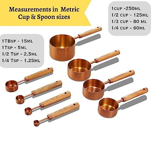 Copper Stainless Steel Measuring Cups and Spoons Set of 8, Wooden Handle with US Measurements, Metric Cups and Spoons for cooking and baking - CookCave