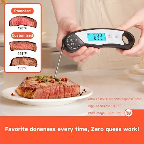 Meat Thermometer for Grill,Cooking and BBQ.Waterproof Instant Read Food Thermometer with Backlight,Calibration and Power Display.Digital Food Probe for Candy,Oil,Liquid.(Black-Silver) - CookCave