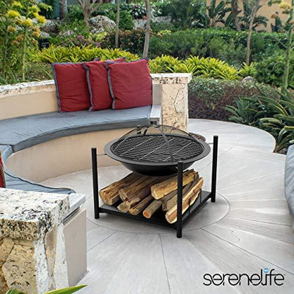 SereneLife Portable Outdoor Wood Fire Pit - 2-in-1 Steel BBQ Grill 26" Wood Burning Fire Pit Bowl w/ Mesh Spark Screen, Cover Log Grate, Wood Fire Poker for Camping, Picnic, Bonfire - SLCARFP54 - CookCave