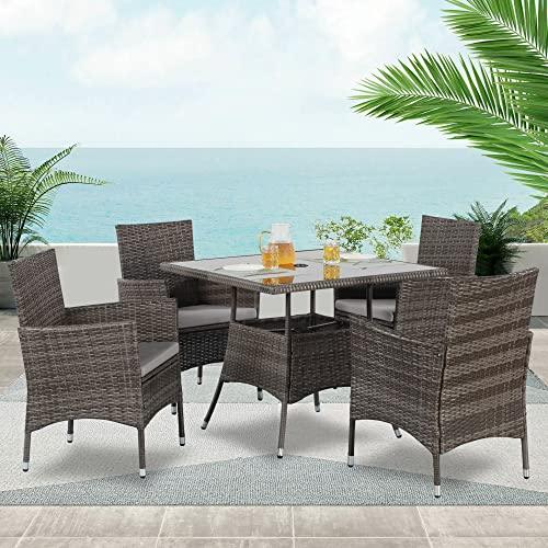 Wisteria Lane 5-Piece Wicker Outdoor Table and Chairs, Patio Dining Set w/Square Glass Tabletop and Umbrella Hole, Patio Table and Chairs Set for Backyard Deck Balcony Front Porch, Brown - CookCave