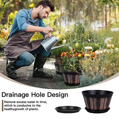 Quarut Plant Pots Set of 4 Pack 8 inch.Whiskey Barrel Planters with Drainage Holes & Saucer.Plastic Decor Flower Pots Imitation Wine Barrel Design,for Indoor & Outdoor Garden Home Plants (Brown) - CookCave