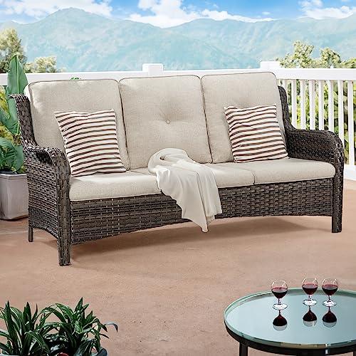 Joyside Outdoor Patio Couch Wicker Sofa - 3 Seater Rattan Sofa for Outside Patio Garden with Deep Seating and Olefin Cushions(Mixed Grey/Beige) - CookCave