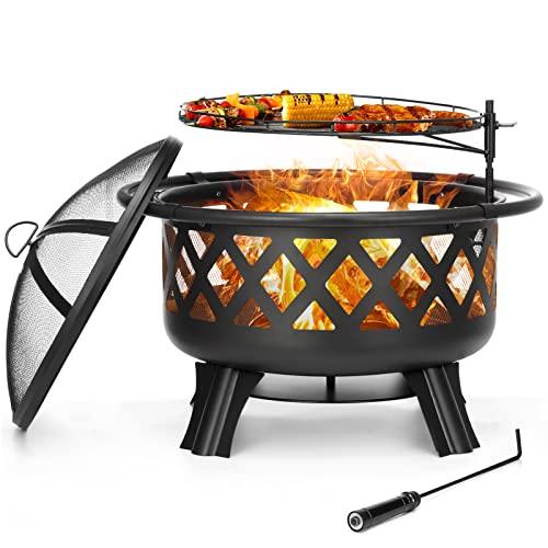 SINGLYFIRE 30 Inch Fire Pits for Outside with Grill Outdoor Wood Burning Firepit Large Steel Firepit Bowl for Patio Backyard Picnic Garden with Swivel BBQ Grill, Ash Plate,Spark Screen, Poker - CookCave