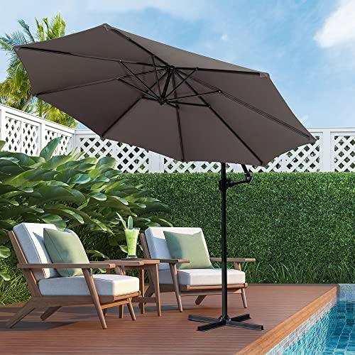 Shintenchi Patio Offset Umbrella w/Easy Tilt Adjustment,Crank and Cross Base, Outdoor Cantilever Hanging Umbrella with 8 Ribs, 95% UV protection and Waterproof Canopy, Dark Gray - CookCave