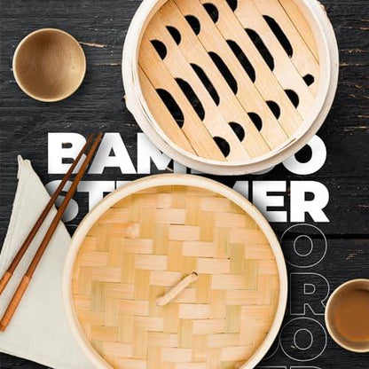 Grown Goods Bamboo Steamer Handmade Basket with Lid | 10 inch 2 Tier Steaming Basket Traditional Design | For Dumplings, Rice, Dim Sum, Vegetables, Fish, and Meat | Includes 50 liners, 2 bamboo sauce - CookCave