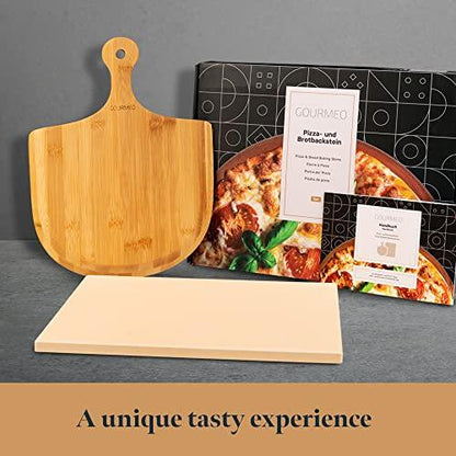 GOURMEO Pizza Stone Pan and Wooden Pizza Paddle - 15x11.8x0.6 inch - Cordiete Bread Beaking Stone w/Pizza Peel - Suitable for Oven & Grill - CookCave