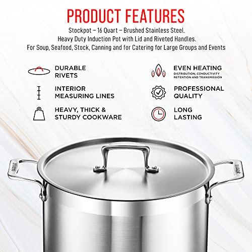 Stockpot – 16 Quart – Brushed Stainless Steel – Heavy Duty Induction Pot with Lid and Riveted Handles – For Soup, Seafood, Stock, Canning and for Catering for Large Groups and Events by BAKKEN - CookCave