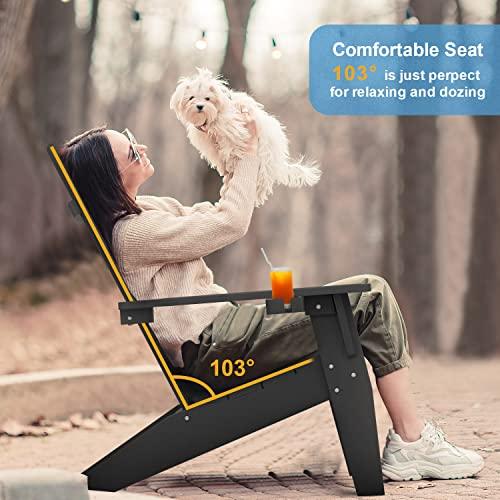 MXIMU Modern Adirondack Chairs Set of 2 Weather Resistant with Cup Holder Oversize Plastic Fire Pit Chairs Adorondic Plastic Outdoor Chairs for Firepit Area Seating (Black) - CookCave