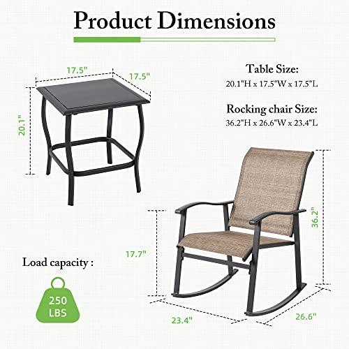 Shintenchi 3 Piece Rocking Bistro Set, Outdoor Furniture with Rocker Chairs and Glass Coffee Table Set of 3, Balcony, Porch Furniture for Small Space, Brown - CookCave