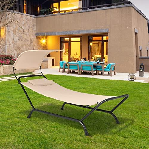 Tangkula Hammock with Stand Included, Heavy Duty Outdoor Hammock with Adjustable Canopy, Rustproof Metal Stand, Pillow, Storage Pocket, Hammock Bed with Stand for Backyard Lawn Poolside (Beige) - CookCave