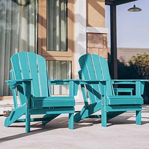 ABCPATIO Folding Plastic Adirondack Chair - Outdoor Weather Resistant Adirondack Chairs with Cup Holder, Stackable Seating for Patio, Porch, Deck, Pool, Garden, Backyard (Seat Width 20", Turquoise) - CookCave