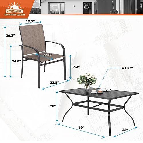 SUNSHINE VALLEY 6 Piece Brown Outdoor Dining Sets,Rectangular Steel Dining Table with 1.57" Umbrella Hole,Patio Dining Set for Outdoor Lawn Garden,Deck,Patio Table and Chairs 7 PCS. - CookCave