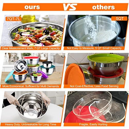 TeamFar Mixing Bowls, Mixing Bowls with Lids Set, Stainless Steel Large Metal Nesting Salad Bowl with Airtight Lid & Non-Slip Bottom, 7/3.5/3 / 2.5/1.5/1 / 0.7 QT, (Set of 7, Colorful) - CookCave