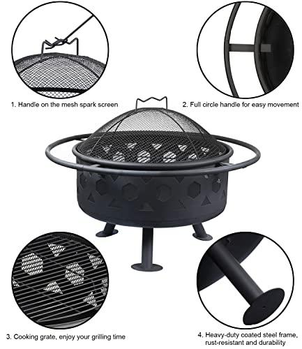 Bettermade 2 in 1 Fire Pit for Outside, 30in Wood Burning Outdoor Firepits with Spark Screen for Camping, Bonfire, Garden, Picnic, Includes Poker & Cooking Grate for Backyard Patio BBQ - CookCave