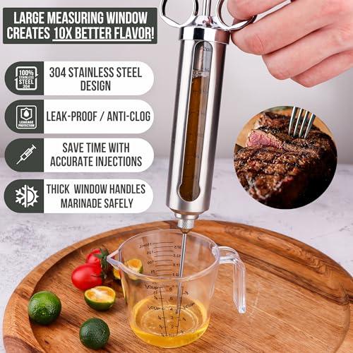 Iron Grillers Professional Meat Injector Syringe Kit for Smoking & Grilling | Large 2 Oz Capacity | Stainless Steel | Marinade Flavor Brush + Meat Shredder Claws - Creates Delicious Turkey & More - CookCave