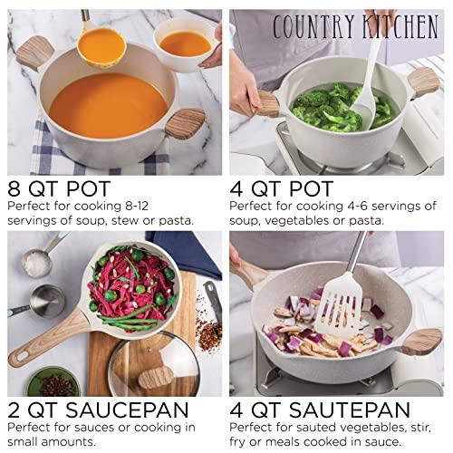 Country Kitchen Induction Cookware Sets - 13 Piece Nonstick Cast Aluminum Pots and Pans with BAKELITE Handles, Glass Lids -Cream - CookCave