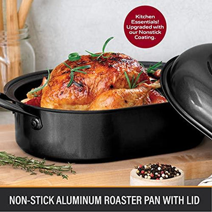 Granite Stone Oval Roaster Pan, Small 16” Ultra Nonstick Roasting Pan with Lid, Grooved Bottom for Basting, Broiler Pan for Oven, Dishwasher Safe, Up to 7lb Poultry/Roast, Serves 1-5, PFOA Free - CookCave