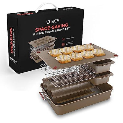 Elbee Home 8-Piece Nonstick Space Saving Bread Baking Pan Set - Includes Large Roasting Pan - Bread Loaf Pan - Baguette Pan - Cooling Rack - 8-Cavity Mini Loaf Pan Aluminized Steel - PFOA & PFOS Free - CookCave