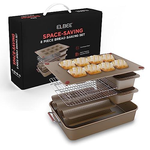 Elbee Home 8-Piece Nonstick Space Saving Bread Baking Pan Set - Includes Large Roasting Pan - Bread Loaf Pan - Baguette Pan - Cooling Rack - 8-Cavity Mini Loaf Pan Aluminized Steel - PFOA & PFOS Free - CookCave