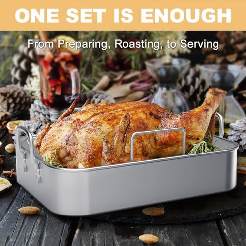 Stainless Steel Roasting Pan, 17*13 Inch Turkey Roaster with Rack - Deep Broiling Pan & V-shaped Rack & Flat Rack, Non-toxic & Heavy Duty, Great for Thanksgiving Christmas Roast Chicken Meat Lasagna - CookCave