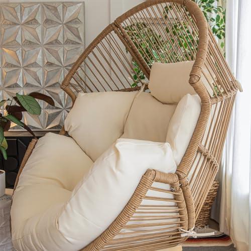 Barton 2-Pieces Stationary Wicker Egg Chair Oversized Egg Seat 350lbs Teardrop Cuddle Cocoon Chair Egg Basket Lounge Chair with Ottoman Indoor/Outdoor, Beige - CookCave