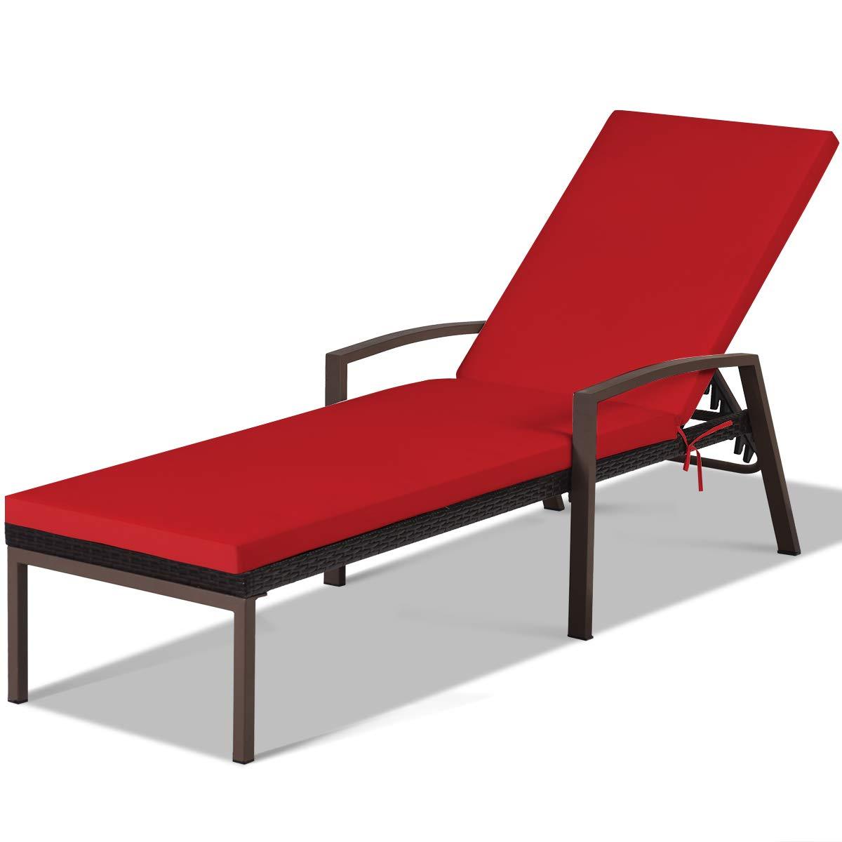 Tangkula Patio Rattan Lounge Chair, Outdoor Reclining Chaise with Cushion and Armrest, Wicker Sun Lounger with Adjustable Backrest for Garden, Balcony, Poolside (1, Red) - CookCave