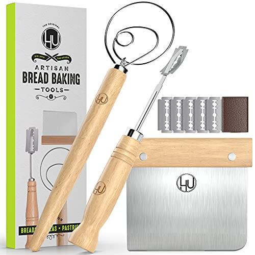 Bread Making Tools and Supplies - Set of 3 - Danish Dough Whisk, Bread Lame, Bench Scraper - Dough Hook with Bread Scraper, Lame Bread Tool, Blades - Great for Baking Sourdough, Pizza, Pastry by LHU - CookCave