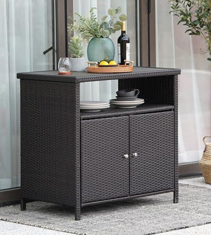 Grand patio Wicker Storage Cabinet, Indoor and Outdoor Prep Table 36" 2-Door Steel Buffet Storage Sideboard Dylan for Kitchen Outside, Brown - CookCave