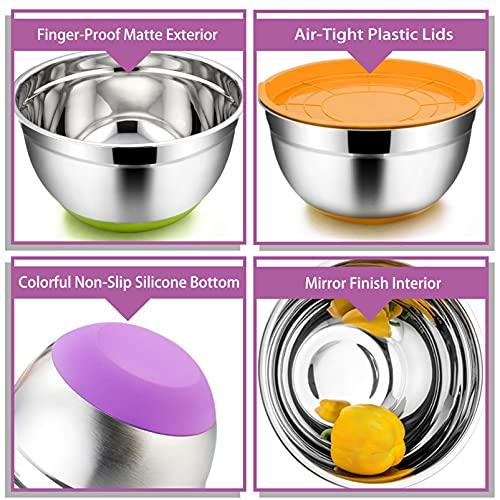 TeamFar Mixing Bowls, Mixing Bowls with Lids Set, Stainless Steel Large Metal Nesting Salad Bowl with Airtight Lid & Non-Slip Bottom, 7/3.5/3 / 2.5/1.5/1 / 0.7 QT, (Set of 7, Colorful) - CookCave