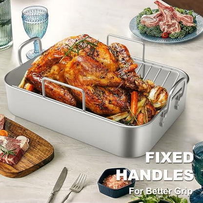 Roasting Pan, EWFEN 17*13 Inch Stainless Steel Turkey Roaster with Rack - Deep Broiling Pan & V-shaped Rack & Flat Rack, Non-toxic & Heavy Duty, Great for Thanksgiving Christmas Roast Chicken Lasagna - CookCave