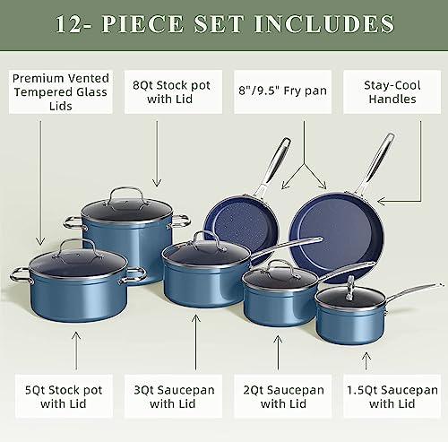 Nuwave Healthy Duralon Blue Ceramic Nonstick Cookware Set, Diamond Infused Scratch-Resistant, PFAS Free, Dishwasher & Oven Safe, Induction Ready & Evenly Heats, Tempered Glass Lids & Stay-Cool Handles - CookCave
