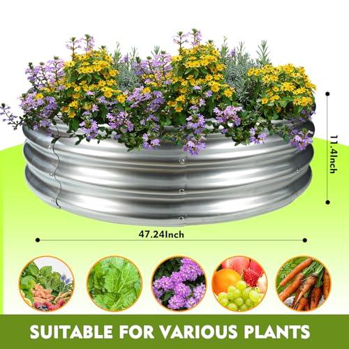 TBMLC 47" Silver Round Galvanized Steel Fire Ring Pit for Backyard,Camping,Bonfire; Round Steel Raised Garden Bed Kit,Metal Raised Garden Box for Outdoor Gardening and Planting (4x4x1FT) - CookCave