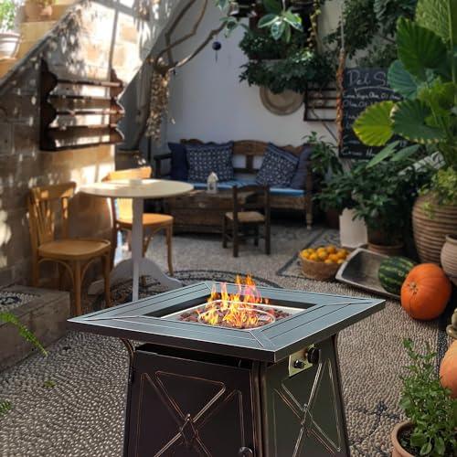 OutVue 28" Fire Pit Table,Gas Fire Pits for Outside Patio,50000 BTU Propane Fire Pits with Lid &Lava Rocks,Firepit for Garden,Yard (Black) - CookCave