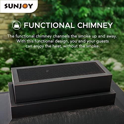 Sunjoy Outdoor Fireplace, Heavy Duty Patio Wood Burning Fireplace with Steel Chimney, Mesh Spark Screen Doors, Removable Grate and Fire Poker, Black - CookCave