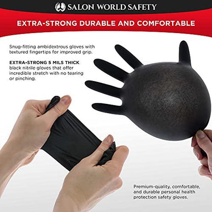 Salon World Safety Black Nitrile Disposable Gloves, Box of 100, Size Small, 5.0 Mil - Latex Free, Textured, Food Safe - CookCave