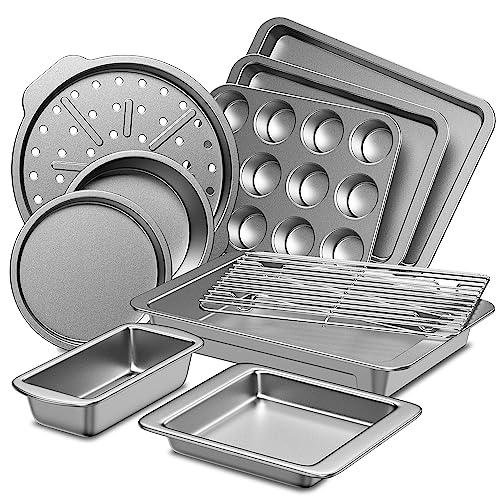 HONGBAKE Bakeware Sets, Baking Pans Set, Nonstick Oven Pan for Kitchen with Wider Grips, 10-Pieces Including Rack, Cookie Sheet, Cake Pans, Loaf Pan, Muffin Pan, Pizza Pan - Sliver - CookCave