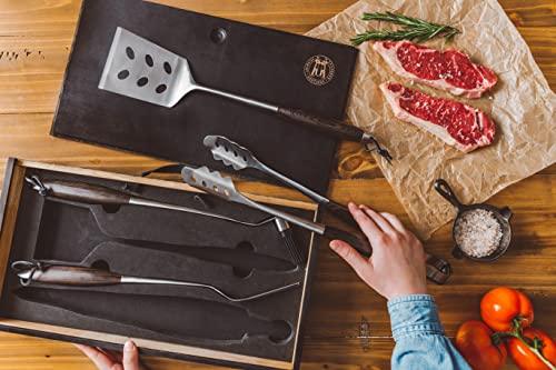 Schmidt Brothers - BBQ Carbon 6, 4-Piece Grilling Accessory Set, Full-Forged Stainless Steel Grilling Utensils Including Spatula, Fork, Basting Brush, and Tongs with All Wood Handles - CookCave