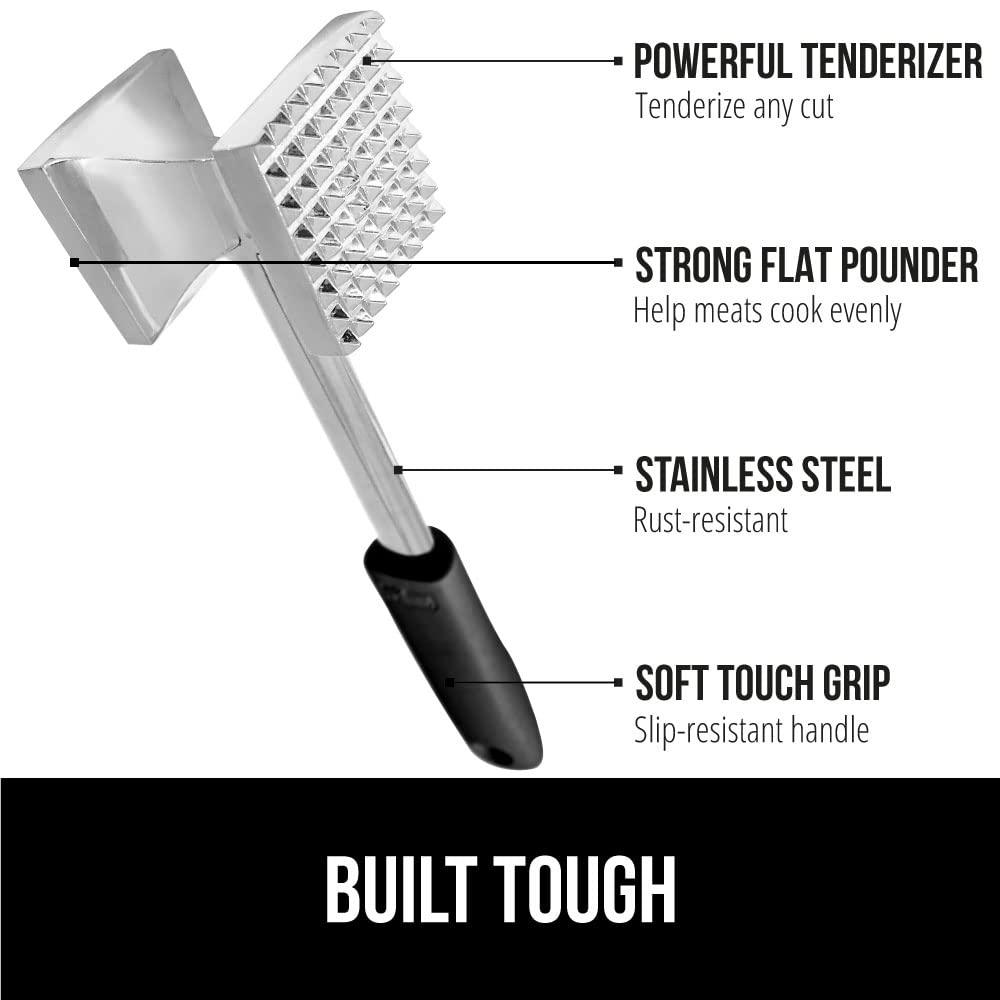 Gorilla Grip Stainless Steel Silicone Tongs Set of 2 and Heavy Duty Meat Tenderizer, Heat Resistant Silicone Tongs Size 7 and 9IN, Spiked Side Meat Tenderizer, Both In Black Color, 2 Item Bundle - CookCave