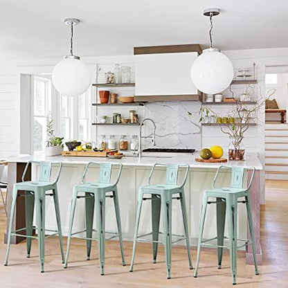 Changjie Furniture Metal Bar Stools Set of 4 Distressed Industrial Counter Bar Stool with Backs Bistro Cafe Barstools(30 inch, Distressed Blue-Green) - CookCave