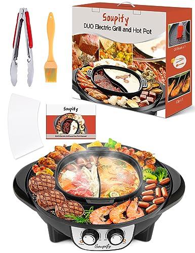 Soupify 2 in 1 Hot Pot with Grill, Electric Korean BBQ Grill, Independent Dual Temperature Control & Non-stick Pan, Multi-function Smokeless Barbecue Grill for Family and Friends Gathering - CookCave