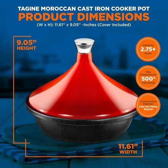 NutriChef NutriChefKitchen Tagine Moroccan Cooker 2.75-Quart Cooking Pot with Stainless Steel Knob, Base, and Cone-Shaped cast iron Enameled Lid (Red), One Size - CookCave