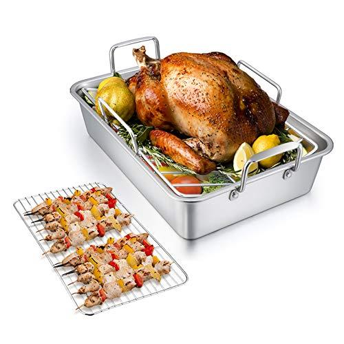 TeamFar Roasting Pan with Rack, 14 Inch Stainless Steel Turkey Roaster Lasagna Pan with V-Shaped Rack & Cooling Rack, Healthy & Durable, Brushed Surface & Dishwasher Safe, Rectangular - Set of 3 - CookCave