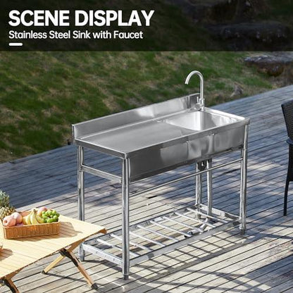 GANACISER Stainless Steel Sink Set w/Cold and Hot Water Pipe, Prep & Utility Sink Free Standing Single Bowl Washing Hand Basin for Laundry, Commercial Restaurant Sink w/Workbench, 39.4in. - CookCave