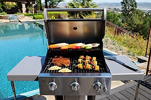 Permasteel 3-Burner Gas Grill | Cast Iron Cooking Grates, Grilling Tools Holder, Foldable Sides, PG-A40301-MO, Pedestal Style, 30000 Total BTUs - Mocha - CookCave