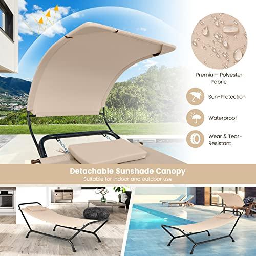 Tangkula Hammock with Stand Included, Heavy Duty Outdoor Hammock with Adjustable Canopy, Rustproof Metal Stand, Pillow, Storage Pocket, Hammock Bed with Stand for Backyard Lawn Poolside (Beige) - CookCave