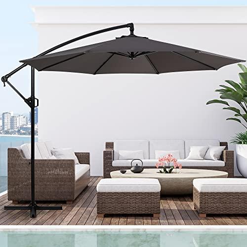 Shintenchi Patio Offset Umbrella w/Easy Tilt Adjustment,Crank and Cross Base, Outdoor Cantilever Hanging Umbrella with 8 Ribs, 95% UV protection and Waterproof Canopy, Dark Gray - CookCave