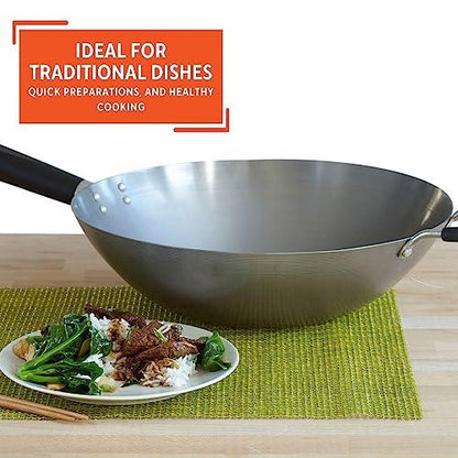 IMUSA USA Natural Wok with Triangle Handle 14-Inch, Silver, Black - CookCave